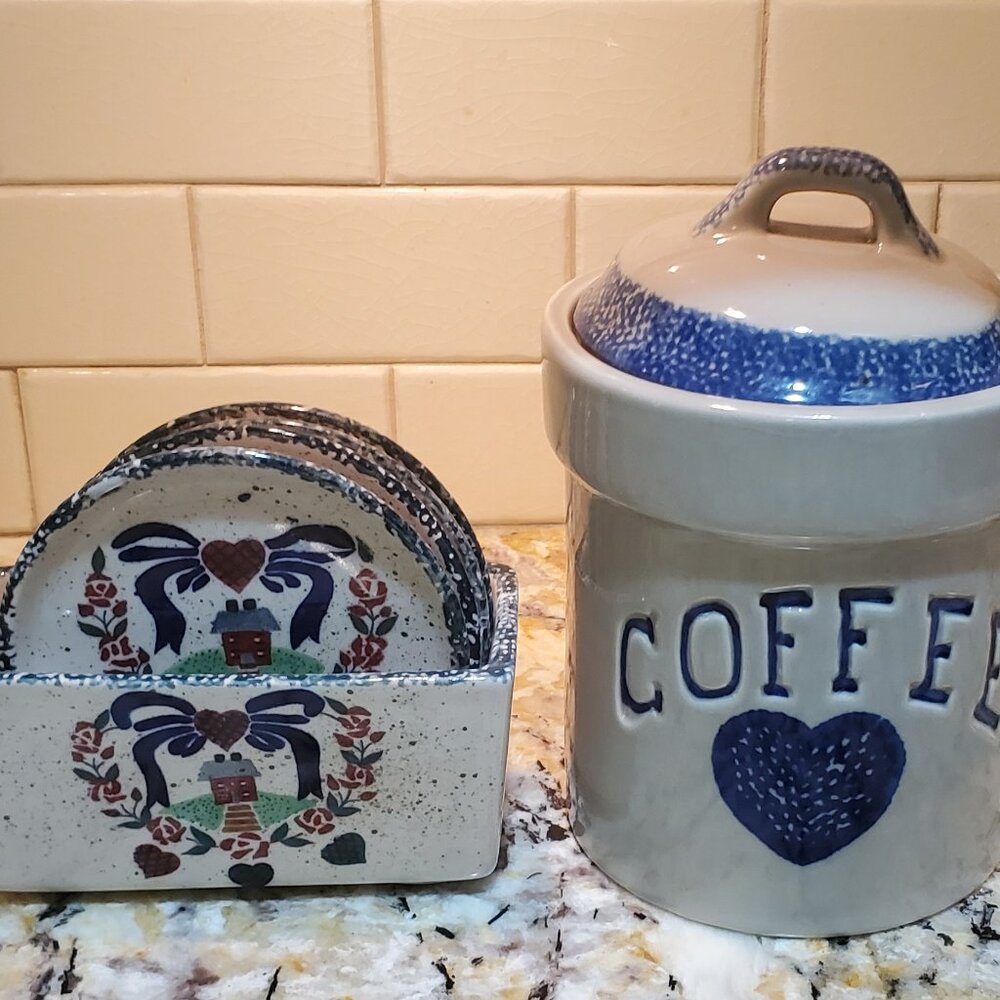 Blue Heart Country Farmhouse Coffee Canister + Ceramic Coasters Plates 4 Holder